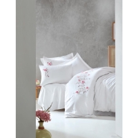 Cotton Box 3D Nakışlı Çift Kişilik Saten Nevresim Takımı Perla Beyaz