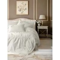 Cotton Box 3D Nakışlı Çift Kişilik Saten Nevresim Takımı Gilded Ekru