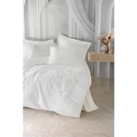 Cotton Box 3D Nakışlı Çift Kişilik Saten Nevresim Takımı Liora Ekru