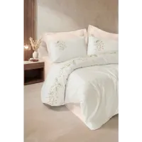 Cotton Box Brode Nakışlı Çift Kişilik Saten Nevresim Takımı Fleurine Somon